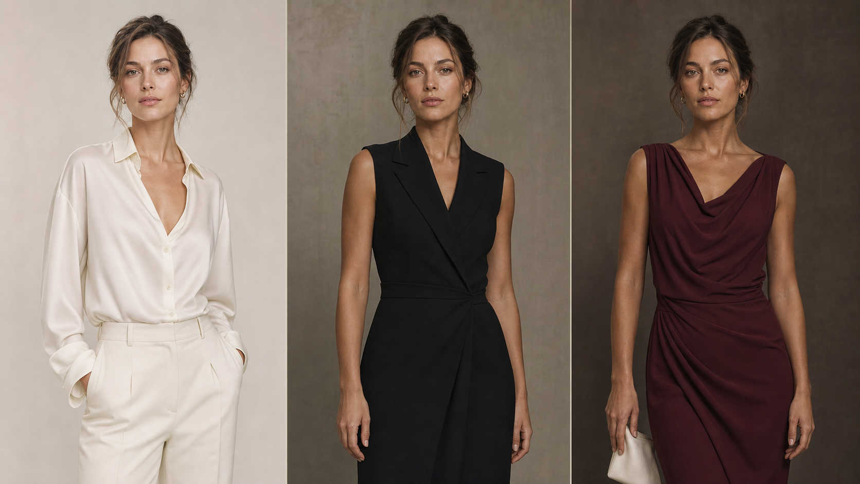 One European woman styled in ivory, black and oxblood with three neutral bronze depths