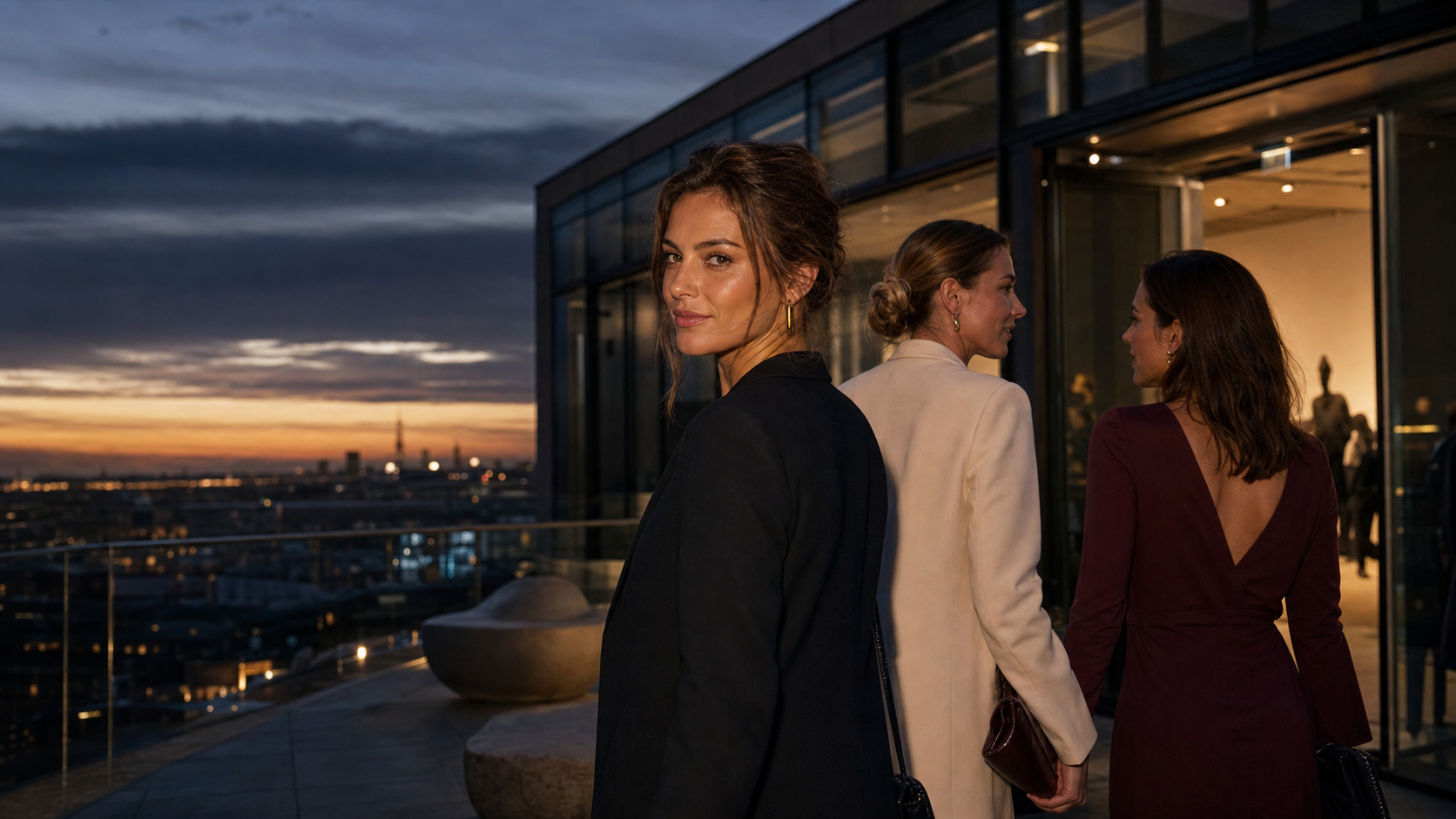 Three women arriving at a rooftop gallery at dusk